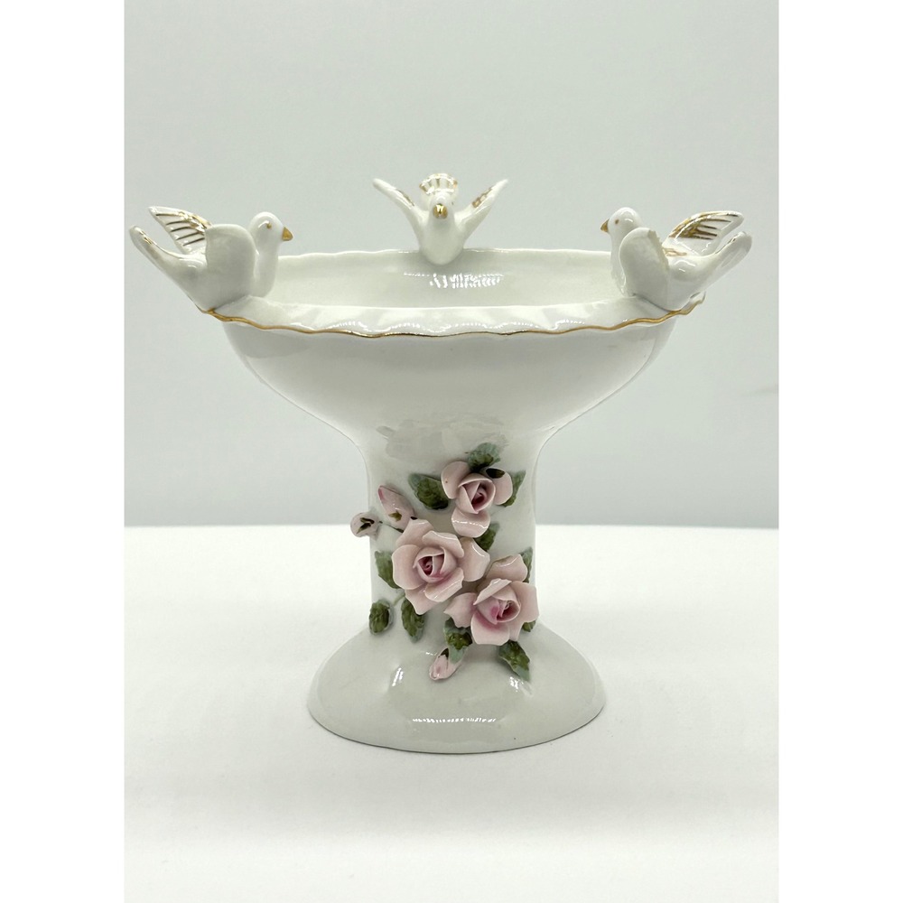 Lefton China Vintage Porcelain Bird Bath Figurine Pink Roses Doves Gold Trim